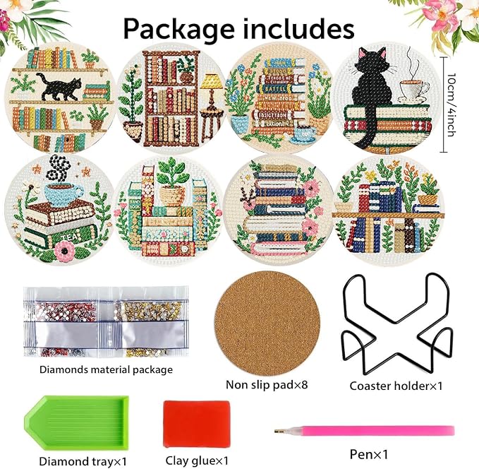 8 Pack Bookshelf Diamond Art Coasters, Diamond Painting Coasters Kits | Books - Image 2