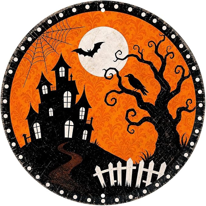 Haunted House Halloween Metal Tin Sign Round Wall Decor Bat Crow Dead Tree by Unknown