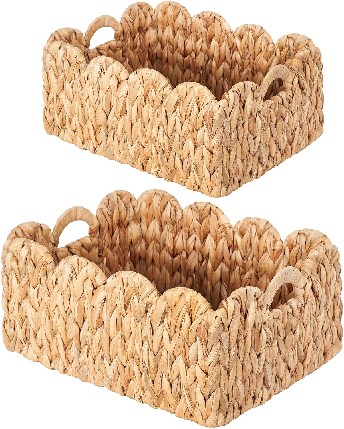 Scalloped Basket Wicker & Rattan Storage Basket with Built-in Handles, Large Woven Water Hyacinth for Nursery & Bathroom Organization 2 Pack