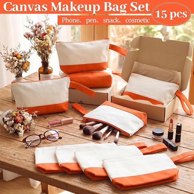 Silkfly 15 Pcs Cotton Canvas Makeup Bags Cosmetic Zipper Bags 10.2 x 5.5 x 2'' - Image 5