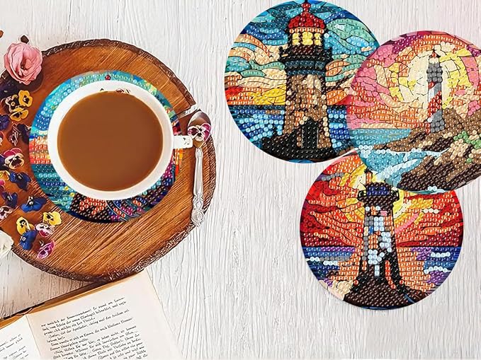 8 PCS Diamond Art Coasters Kits Lighthouse Diamond Painting Coaster | Diamond - Image 7