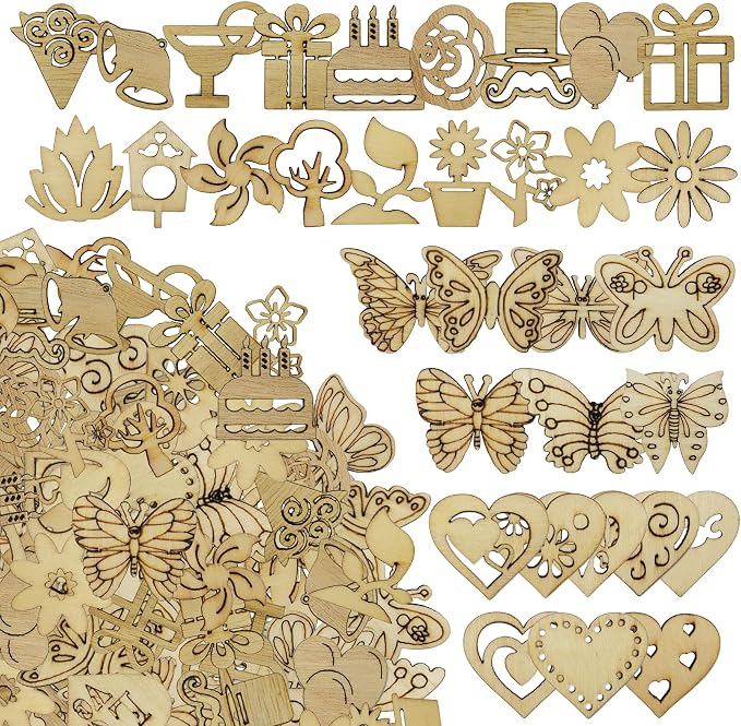 DIYOMR 200Pcs Hollow Wood Pieces Unfinished Wooden Vintage Embellishments by DIYOMR