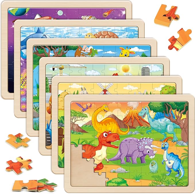 SYNARRY Wooden Puzzles for Kids Ages 4-6, 6 Packs 60 PCs Jigsaw Puzzles by SYNARRY
