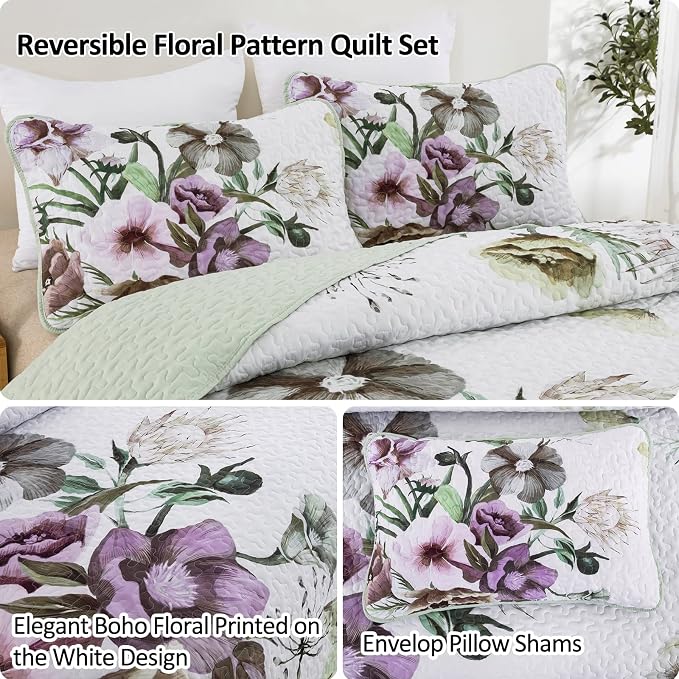 Floral Quilt Set Queen 3 Pieces Boho Green Quilt Coverlet Set Soft Microfiber - Image 5