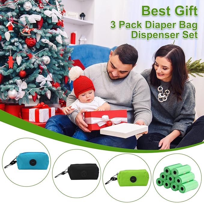 Dingion 3 Pack Diaper Bag Dispenser Set Diaper Trash Dispenser with 135 Counts Baby Disposal Trash Bags with Hook for Newborn Gift