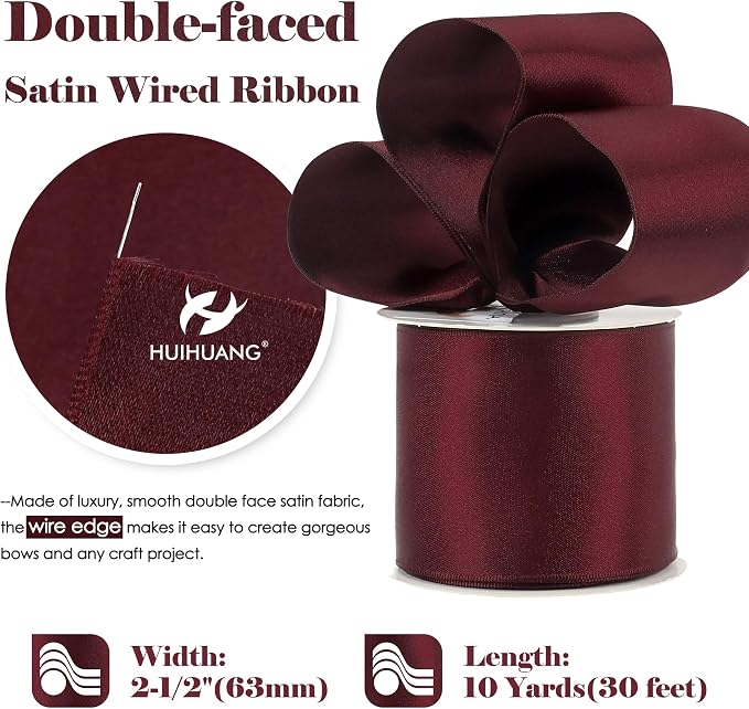 HUIHUANG Burgundy Satin Wired Ribbon 2.5 inch Wine Red Double-Faced Satin Wire - Image 2