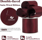 HUIHUANG Burgundy Satin Wired Ribbon 2.5 inch Wine Red Double-Faced Satin Wire - Image 2