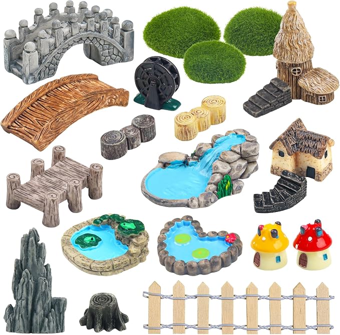 QUOZUO 21 Pcs Fairy Garden Miniatures Accessories Bridge House Landscape Water by QUOZUO