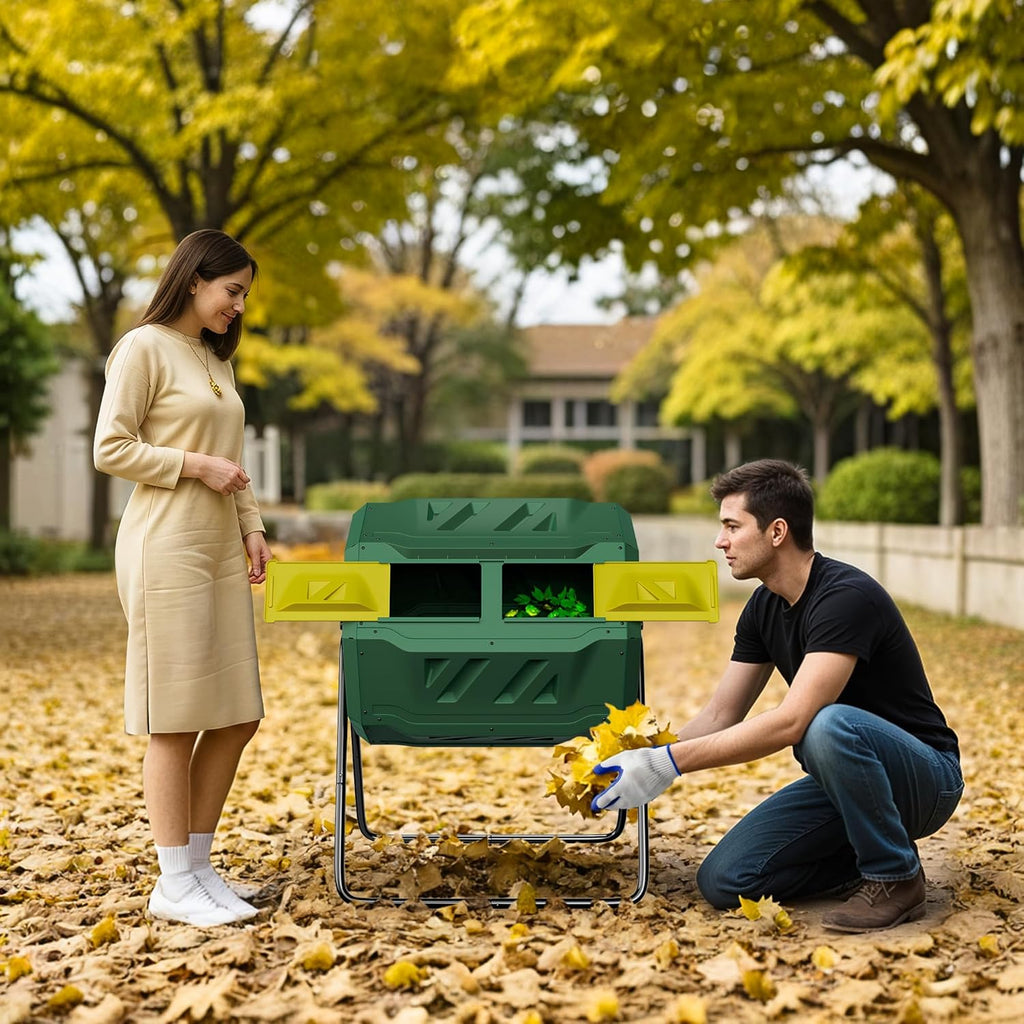 43 Gallon Outdoor Dual Chamber Tumbling Composter - BPA Free, Rotating Compost Bin with Sliding Doors & Steel Frame for Garden/Yard