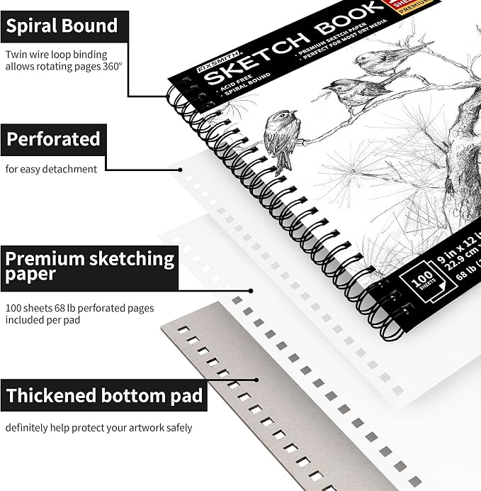 FIXSMITH 9"X12" Sketch Book, 100 Sheets, 68 lb/100gsm | 100 Sheets, Bright White - Image 2