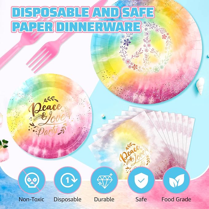 150 PCS Tie Dye Party Supplies, Pastel Tie Dye Tableware Set Napkin Peace Love - Image 3