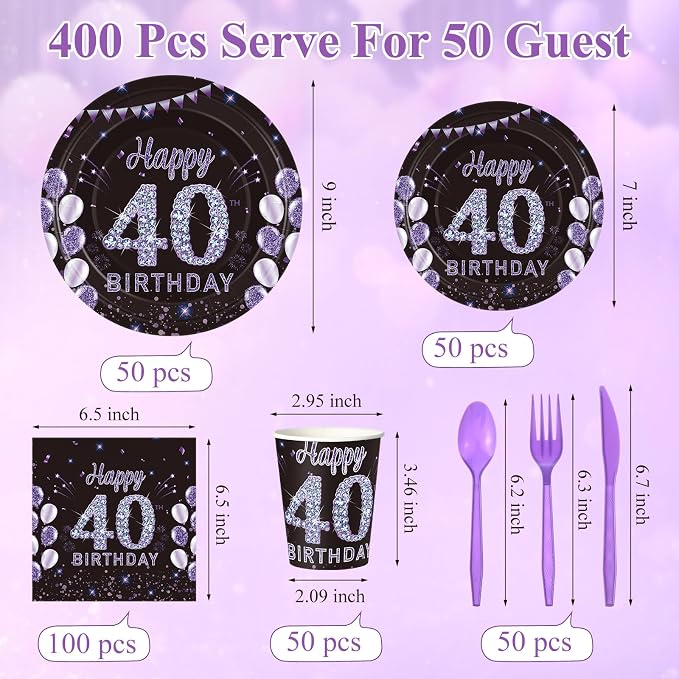 Pickmesh 400 Pcs 40th Birthday Party Supplies Purple Black Happy 40th Birthday - Image 2