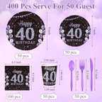Pickmesh 400 Pcs 40th Birthday Party Supplies Purple Black Happy 40th Birthday - Image 2