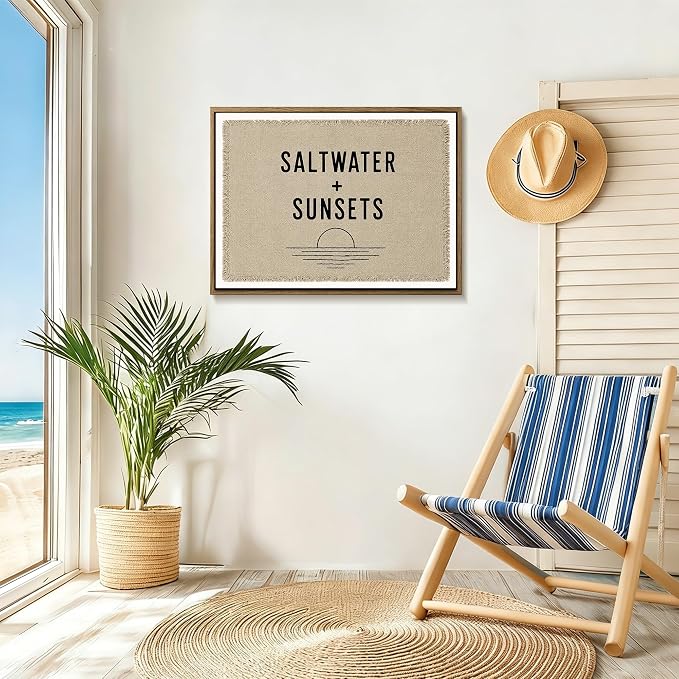Framed Saltwater Sunsets Wall Art Coastal Beach Quote Minimalist Poster Print - Image 3