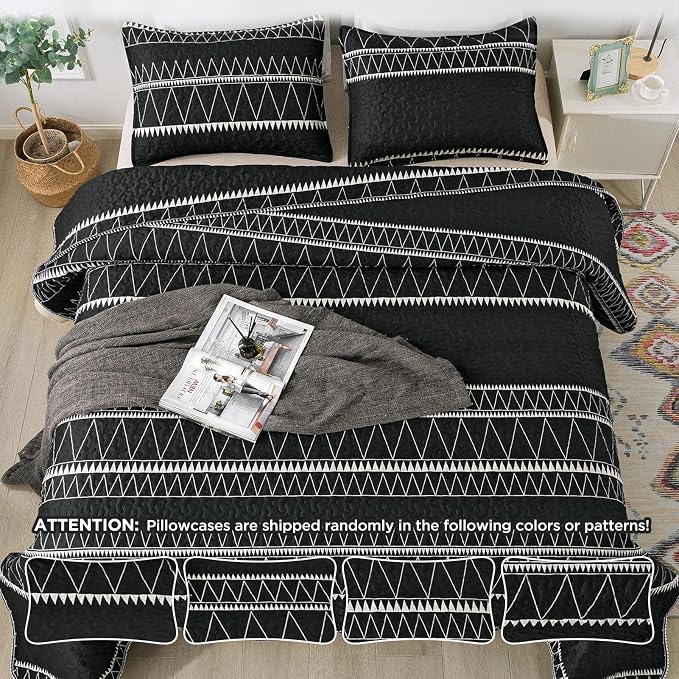 Andency Black Oversized King Quilt Set, 3 Pieces Boho Lightweight Soft Striped - Image 5