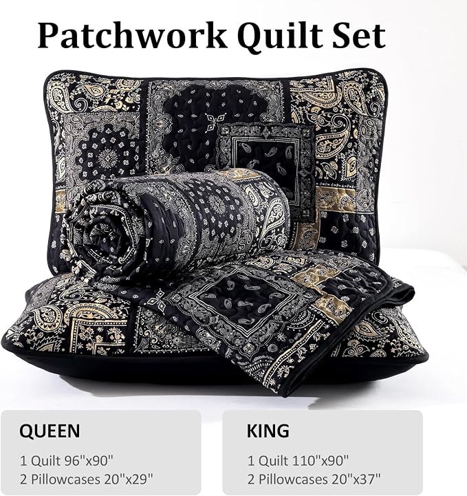 Cottolester Boho Patchwork Quilt Set Queen Size, Paisley Floral Bedding Set - Image 8