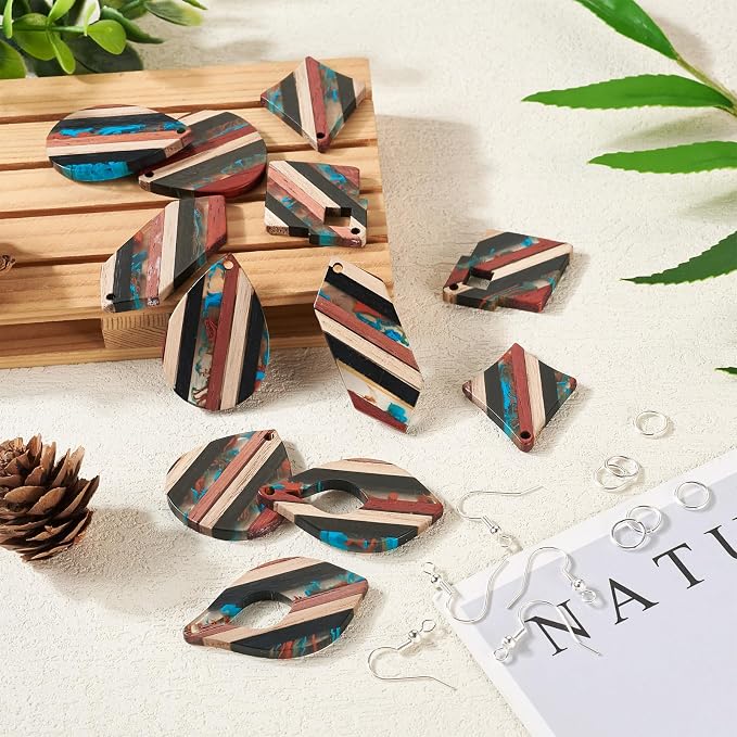 FASHEWELRY Striped Resin Wood Earrings Charms Rhombus Teardrop Kite Wooden - Image 6