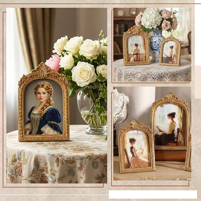 Wonderjune 3 Pcs Vintage Picture Frames Antique Set Baroque Ornate Gold Arched - Image 4