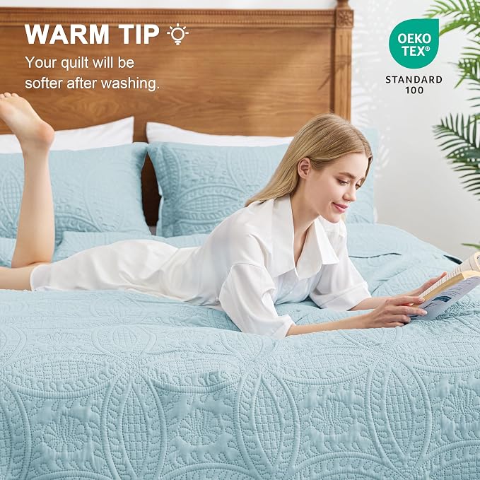 Love's cabin Oversized King Size Quilt Bedding Set Spa-Blue Bedspreads - Image 4