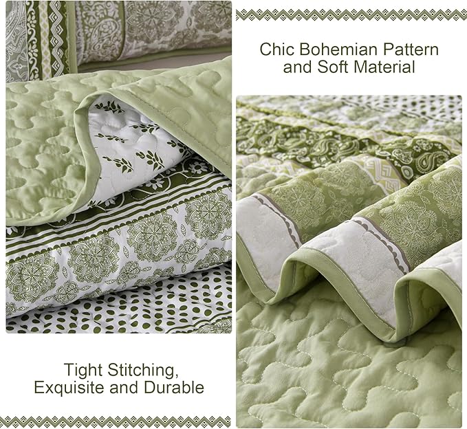 WONGS BEDDING Boho Quilt Set Queen Size, Sage Green Bohemian 3 Pieces Quilt Sets - Image 6