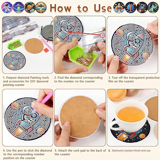8PCS Outer Space Diamond Art Coasters Kit, Cute Spaceship Diamond Painting - Image 8