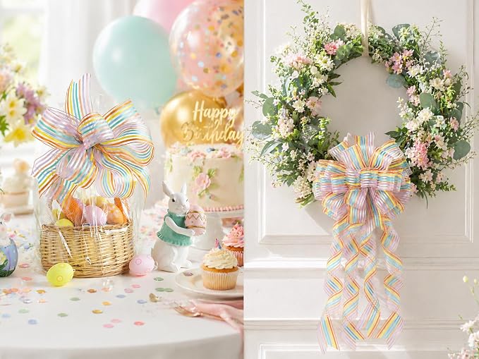 HUIHUANG Pastel Striped Sheer Wired Ribbon 2.5 inch X 10 Yards Rainbow Stripes - Image 5
