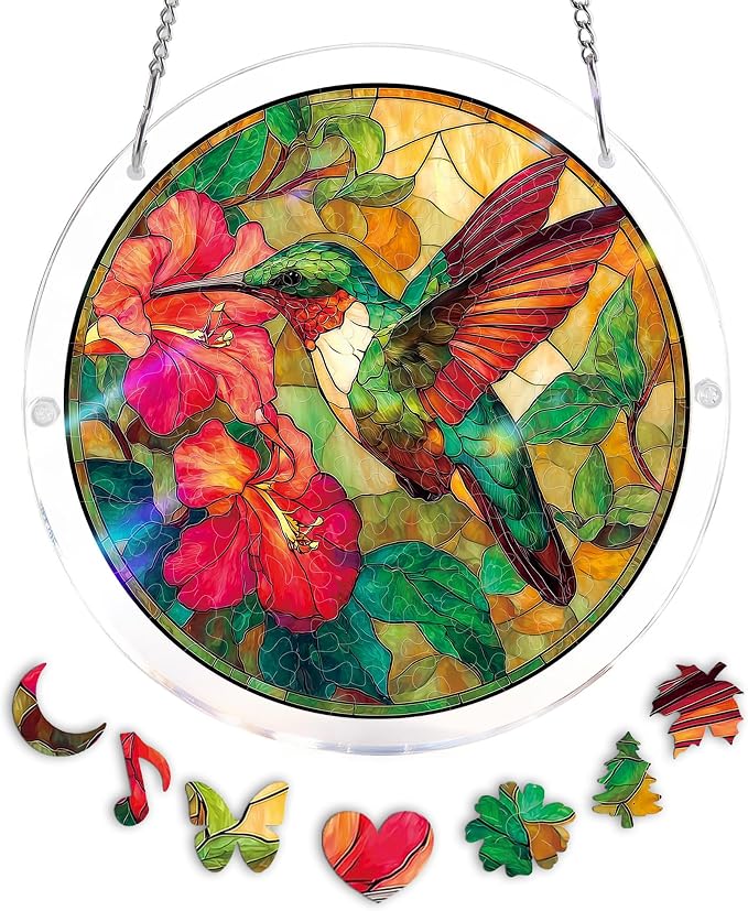 Acrylic Puzzle Suncatcher, Flowers Hummingbird Sun Catcher by Unknown