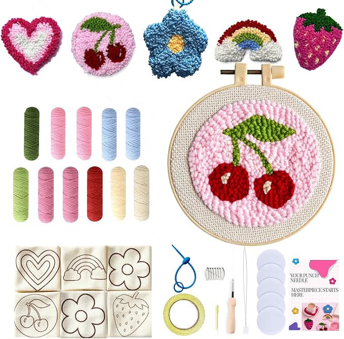 Punch Needle Kit for Adult Beginners, 3-4" Needle Punch Coaster & Bag Charm by WENTING