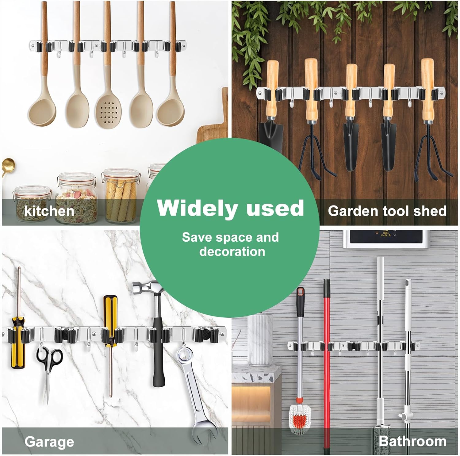 2Pcs 5 Racks 4 Hooks Stainless Steel Broom Mop Holder Anti Slip Wall Mount Broom Storage Rack Strong Load Bearing Waterproof Mop Broom Organizer for Bathroom Kitchen Garage