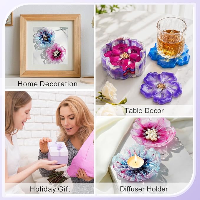 HeyClear 5Pcs Coaster Silicone Resin Molds, Flower Coaster Epoxy Resin Molds - Image 7