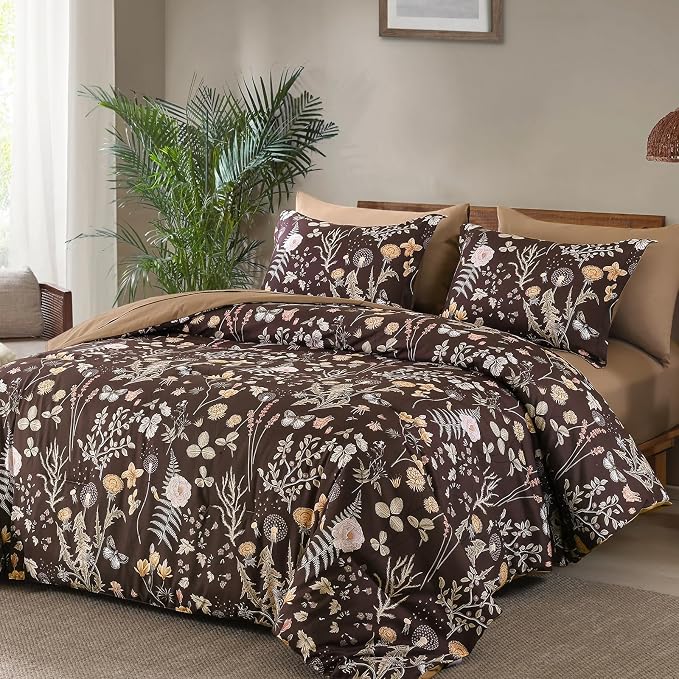 Yiran Brown Comforter Set Queen Size, 7 Piece Floral Comforter Bedding Set - Image 2