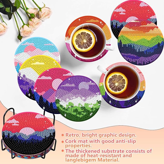 8 PCS Diamond Art Coasters Kits Moutain Sunset Diamond Painting Coaster | - Image 3