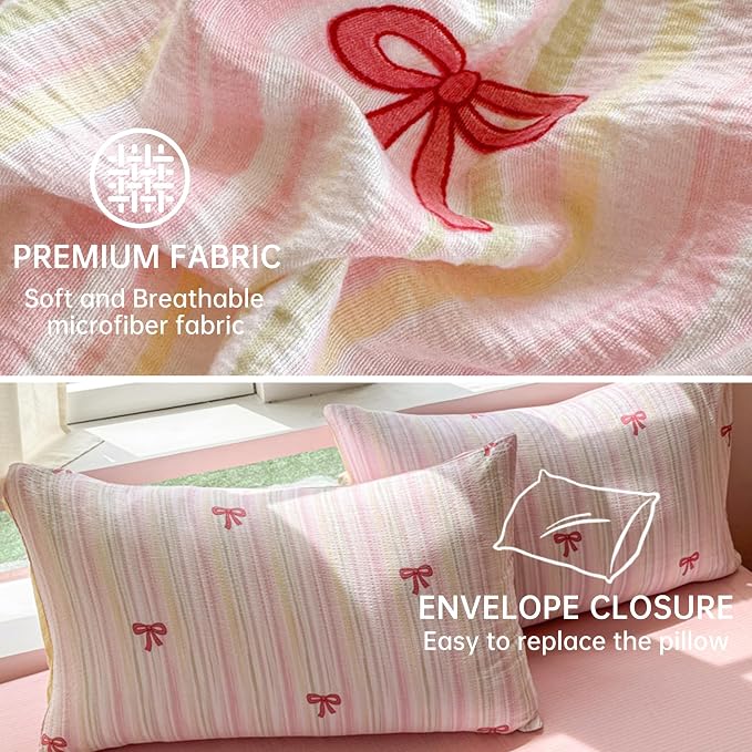 BOLINLIVING Pink Bow Duvet Cover Queen Size, Girls Cute Striped Bowknot Yellow - Image 5