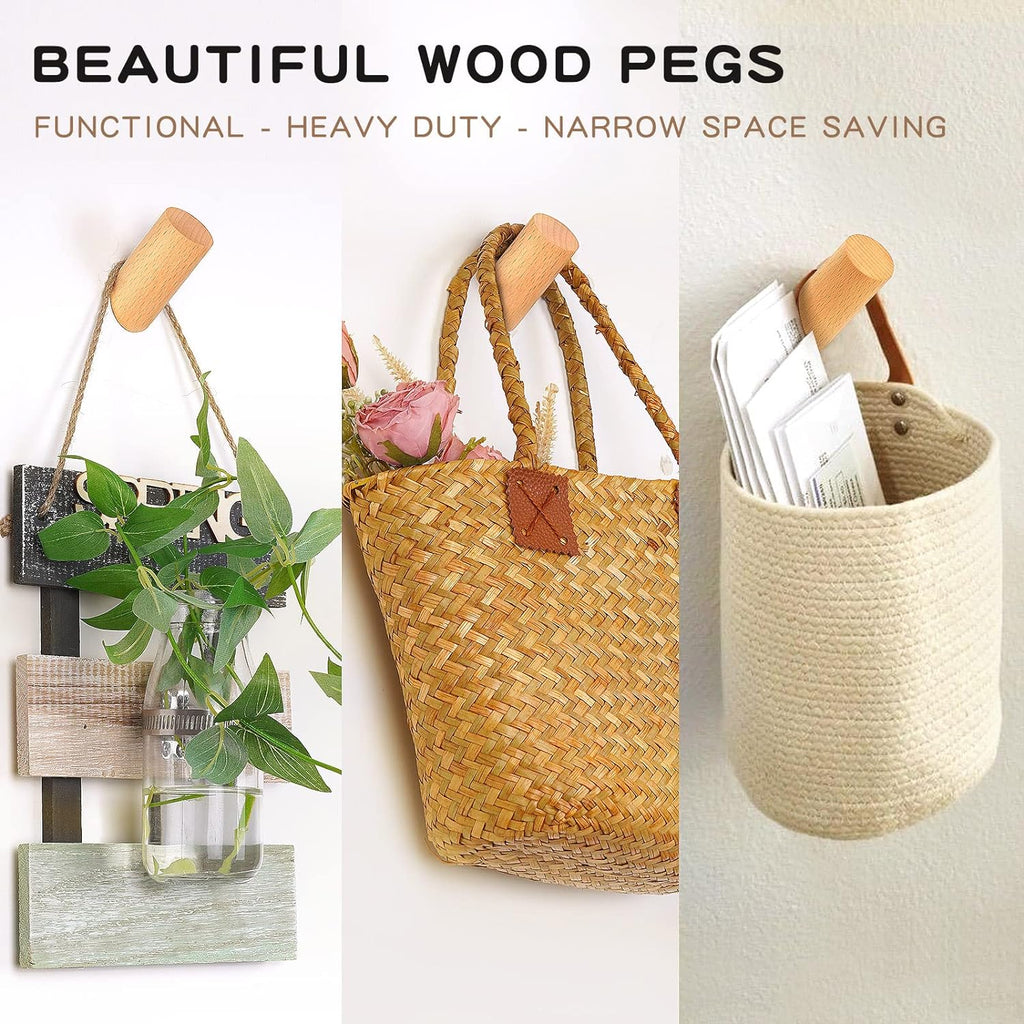 Wood Wall Hooks, 4 Pack Coat Hooks Mounted Rustic Wooden Heavy Duty Robe Hook Hat Rack | for Hanging Bathroom Towels Clothes Hanger (Beech Wood)