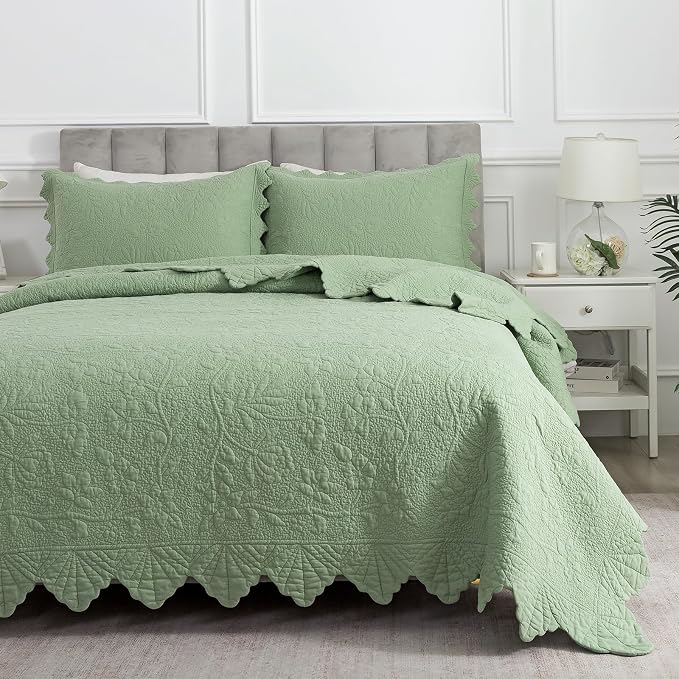 Brandream Premium Sage Green Cotton Quilt Set Queen Size Floral Vine Stitching - Image 9
