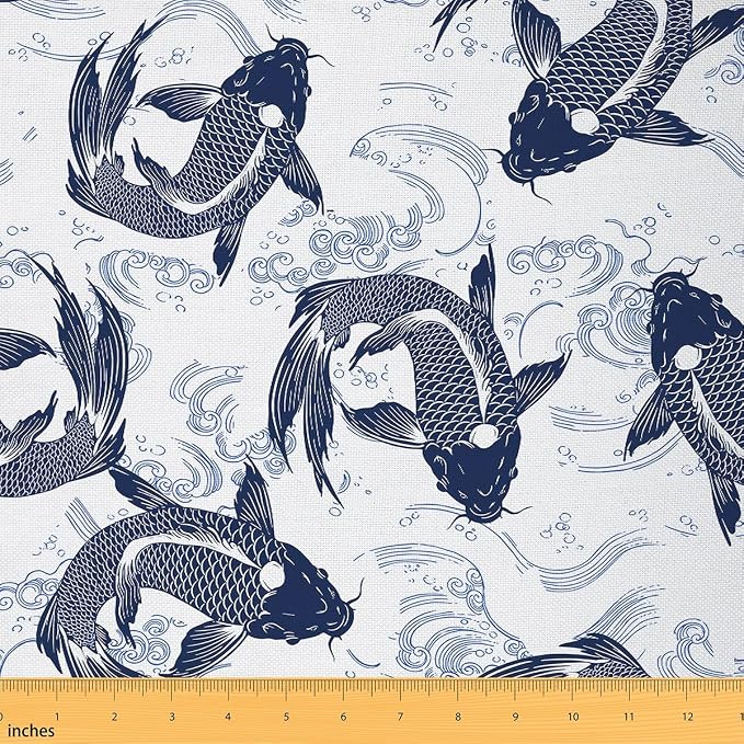 Feelyou Japanese Koi Upholstery Fabric by The Yard, Ocean Wave Hokusai by Feelyou