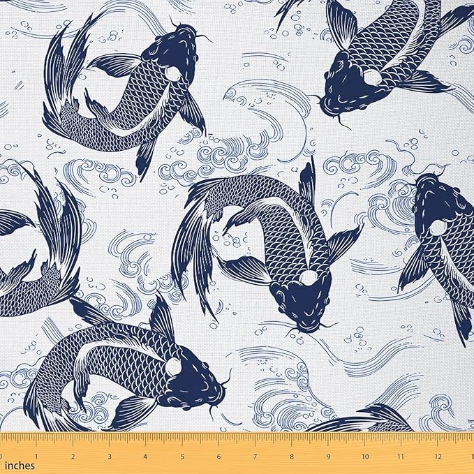 Feelyou Japanese Koi Upholstery Fabric by The Yard, Ocean Wave Hokusai by Feelyou