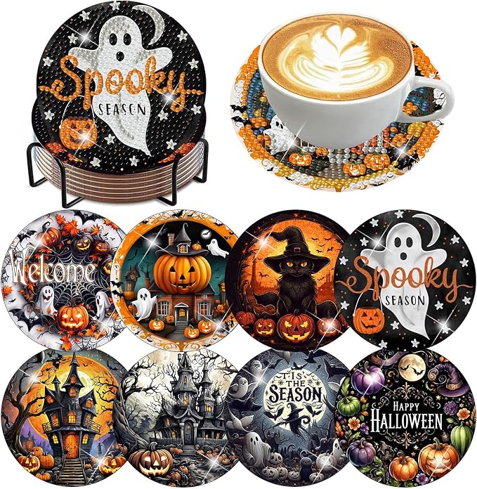 8 PCS Halloween Diamond Art Coasters Kits Diamond Painting Coaster | Diamond by Benjenes