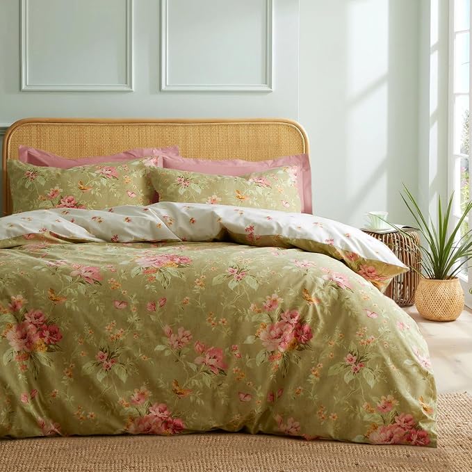 mixinni Duvet Cover Queen Size, Long Staple Cotton Reversible Green Floral by mixinni