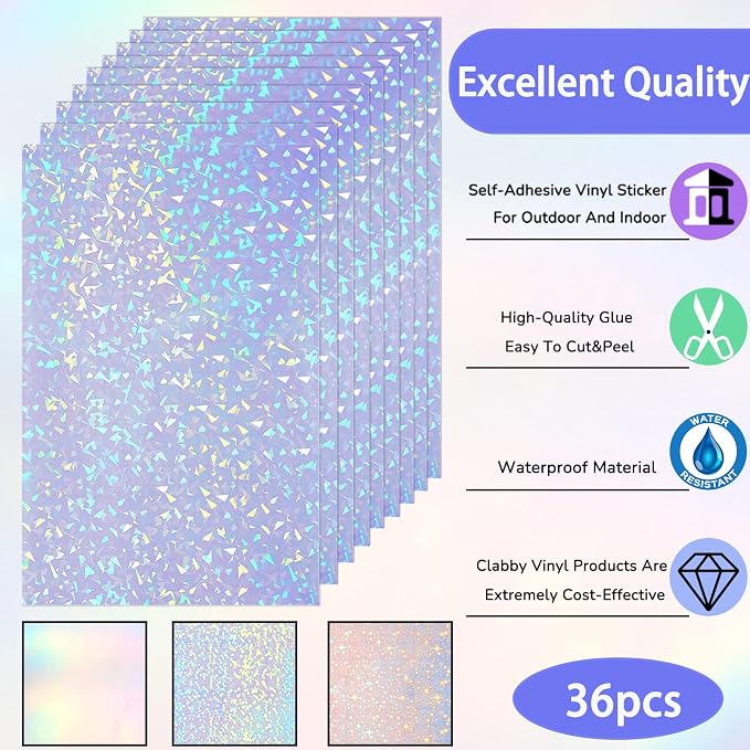 Clabby 36 Sheets Holographic Sticker Paper A4 Vinyl Holographic Laminate Sheets - Image 3