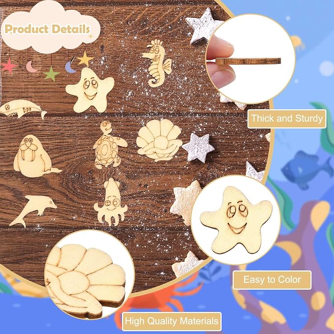 200 pcs Mixed Styles Ocean Animal Theme Undyed Wood Cutout Charms Octopus - Image 3