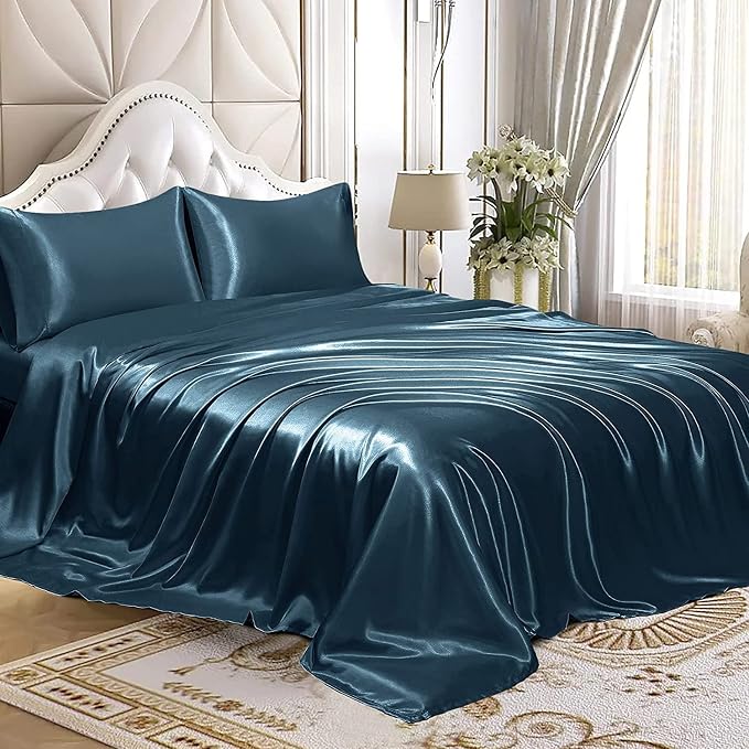 Homiest Deep Sea Blue Satin Queen Bedding Set, Luxury & Ultra Soft Top & Flat - Image 4