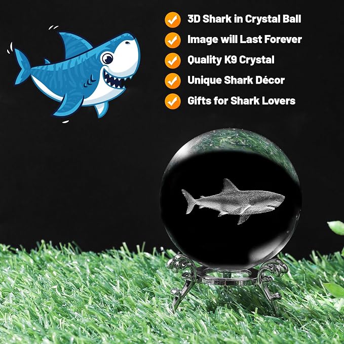 3D Shark Crystal Ball with Stand Lase Engraved Glass Sphere Paperweight Shark - Image 4