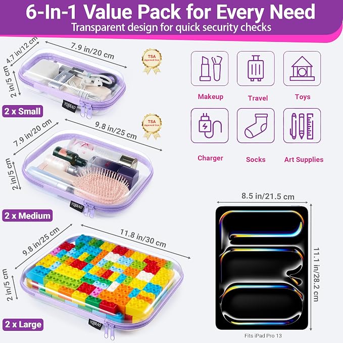 YQBRAO 6 Pack Royal Purple Clear Hard Shell Zipper Case, 1.2mm Heavy Duty Art - Image 4
