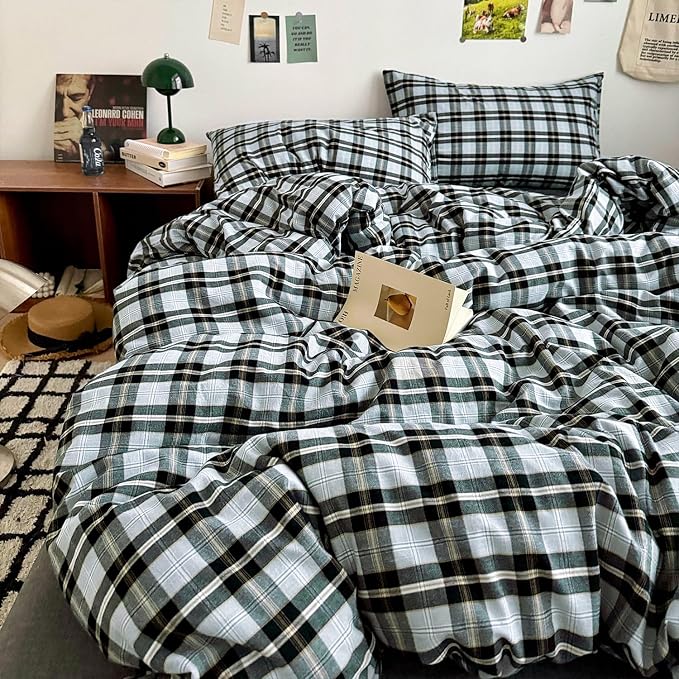 mixinni Vintage Grey & Pale Blue Buffalo Plaid Duvet Cover Set Twin Size - Image 8