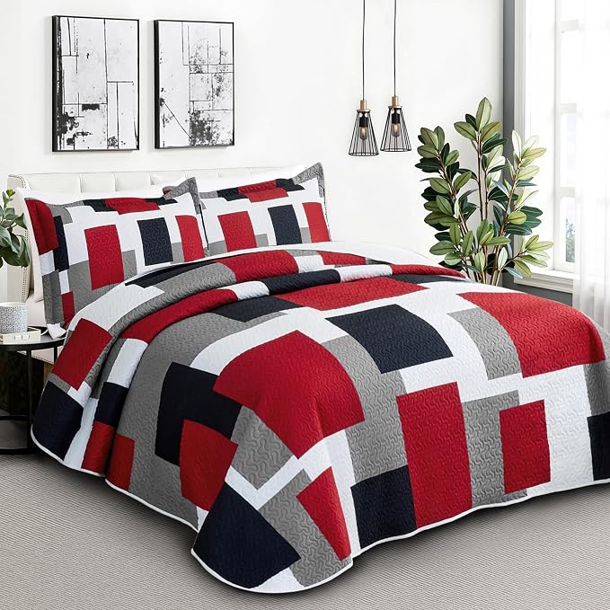 Tyrot 2 Piece Red Black Grey Quilt Set Twin Size Red White Geometric Reversible - Image 2