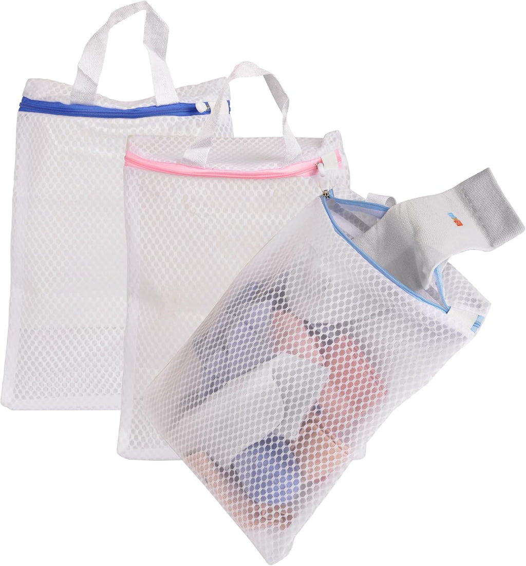 3 Pack Hanging Mesh Laundry Bags with S Metal Hooks,10x12 Inch Hanging Socks Laundry Bags, for Washing Machine