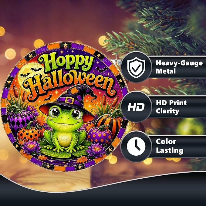 Cute Frog Witch Halloween Metal Tin Sign Round Wall Decor Pumpkin Lotus Moon - Image 4