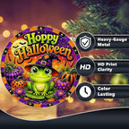 Cute Frog Witch Halloween Metal Tin Sign Round Wall Decor Pumpkin Lotus Moon - Image 4