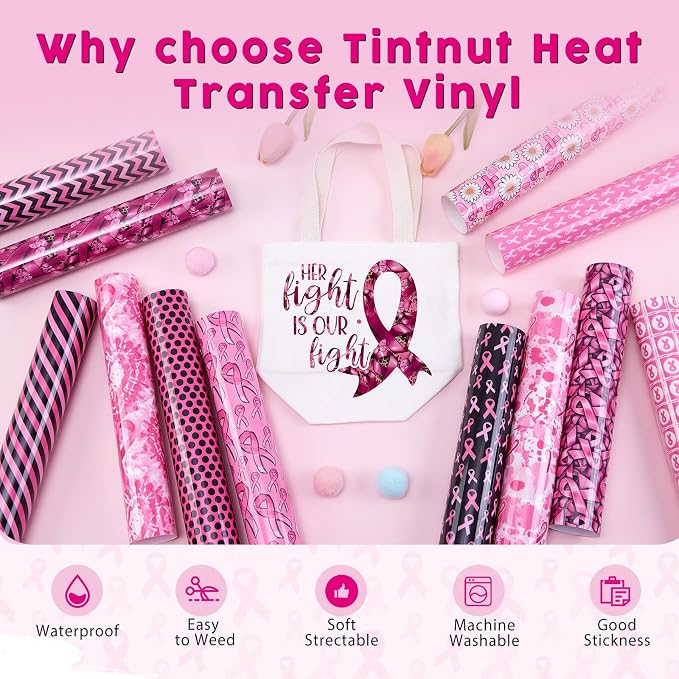 Tintnut Black Pink Ribbon Heat Transfer Vinyl, easy cut & weed, stretch washable - Image 3